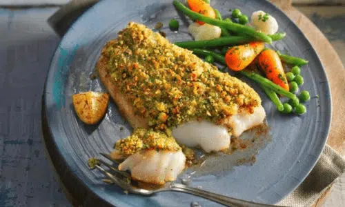 Filet de poisson en croûte d'épeautre et herbes